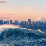 A large wave rising in Tokyo Bay at dawn with the Tokyo skyline and Mount Fuji behind