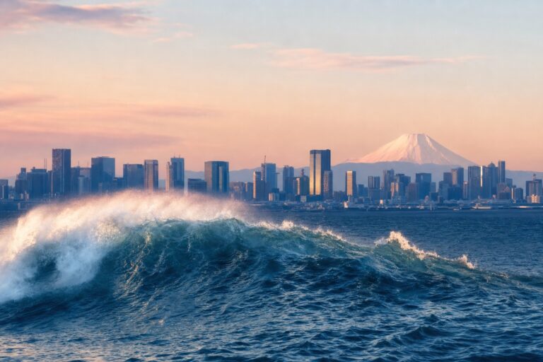 A large wave rising in Tokyo Bay at dawn with the Tokyo skyline and Mount Fuji behind