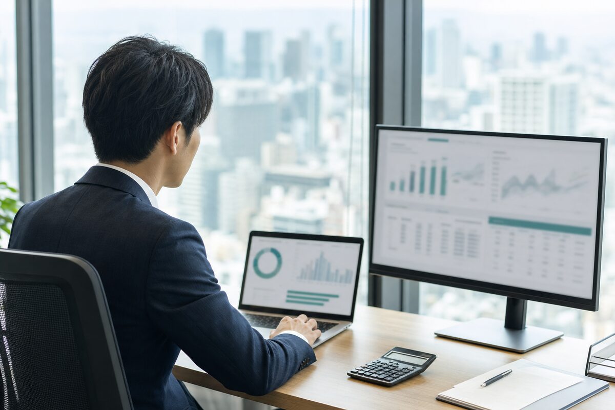 Accounting dashboards and ledgers on a laptop and monitor