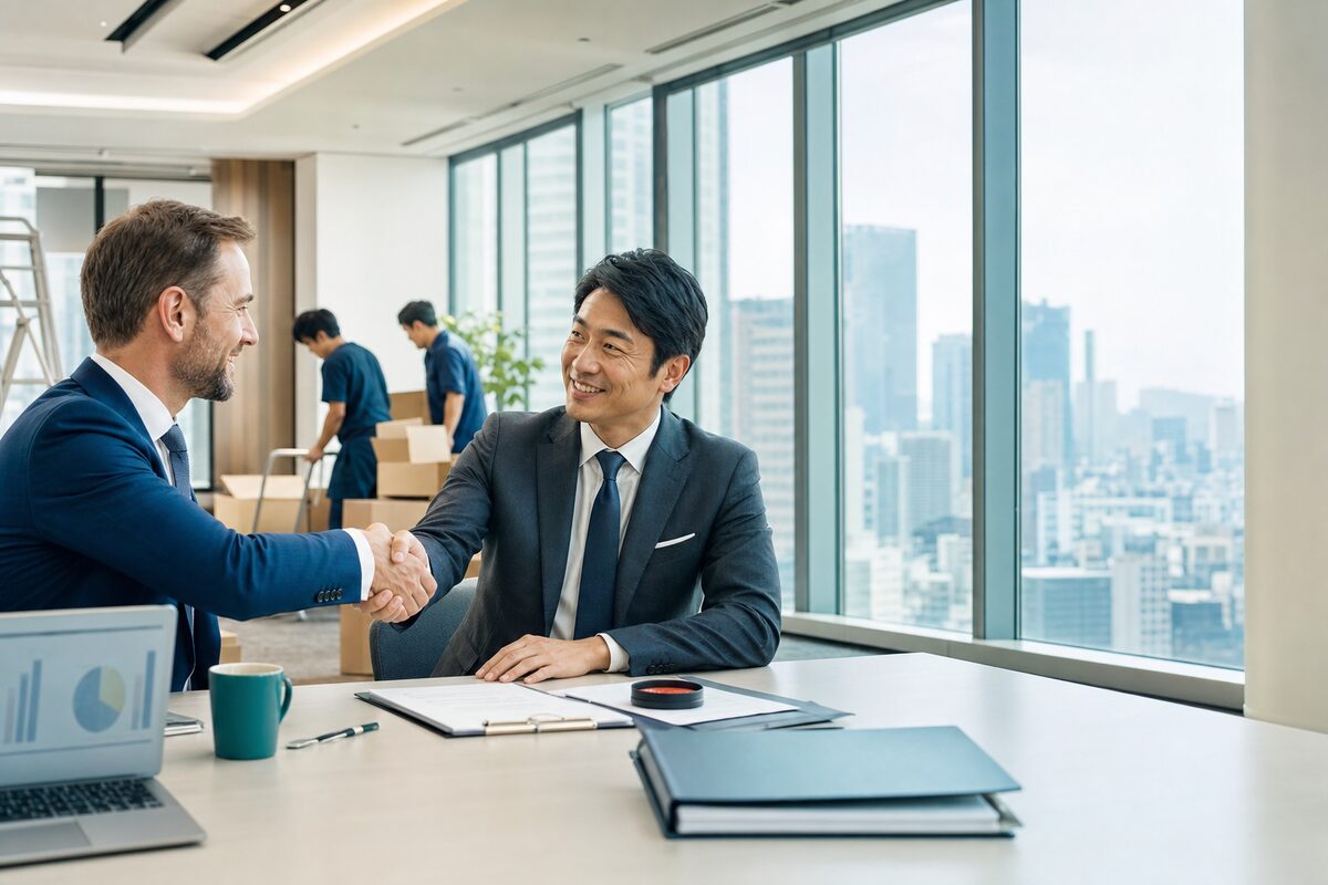 An overseas executive and a Japanese advisor shaking hands over incorporation documents