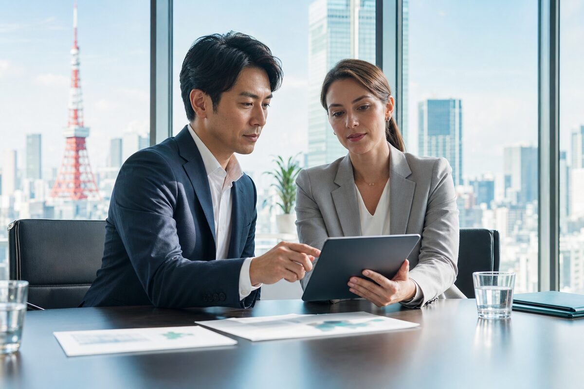 Two professionals reviewing and approving a payroll on a tablet