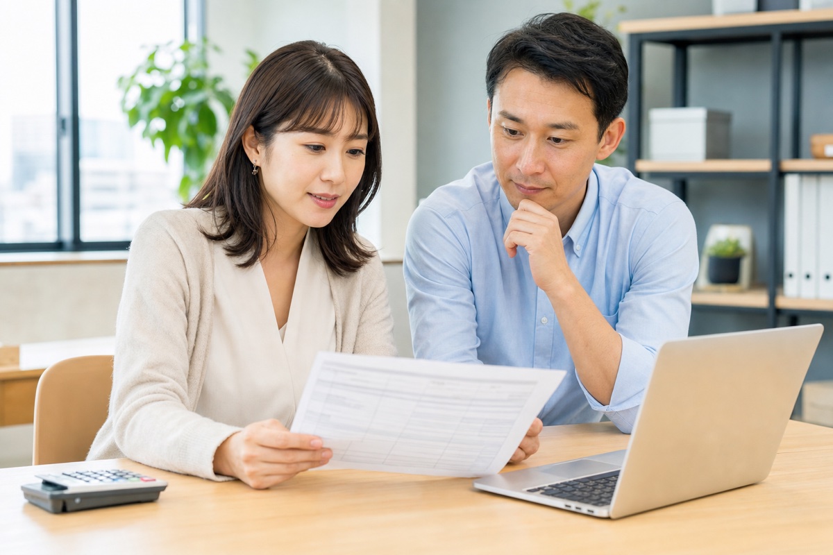 Two colleagues in a Japanese office reviewing a payslip together