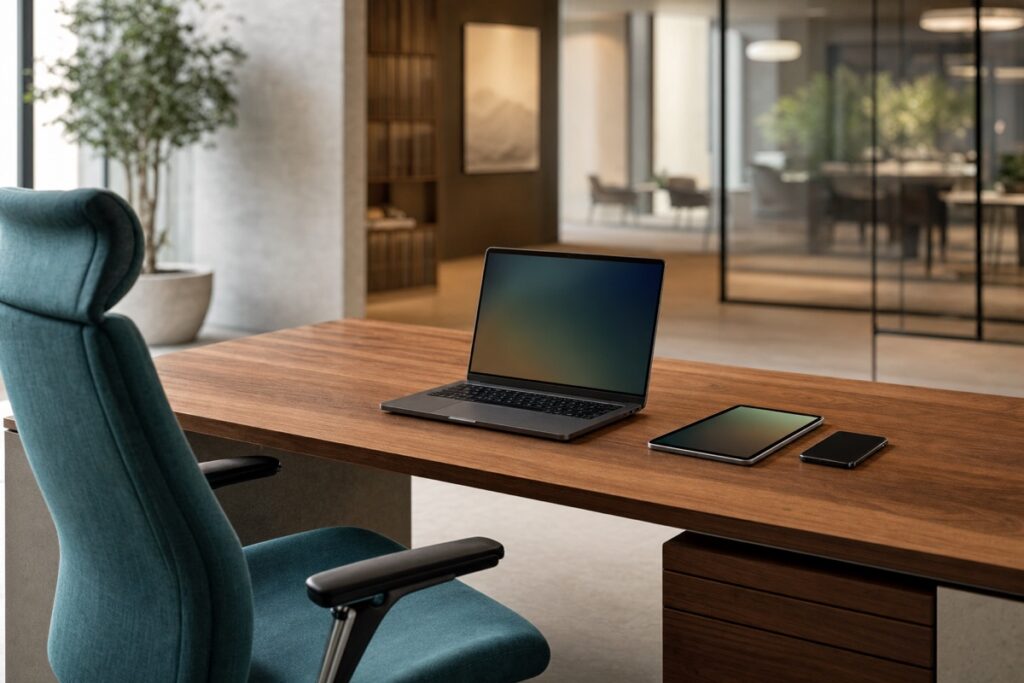 Laptop, tablet and smartphone on a desk with a comfortable office chair in a modern office