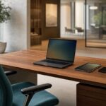 Laptop, tablet and smartphone on a desk with a comfortable office chair in a modern office